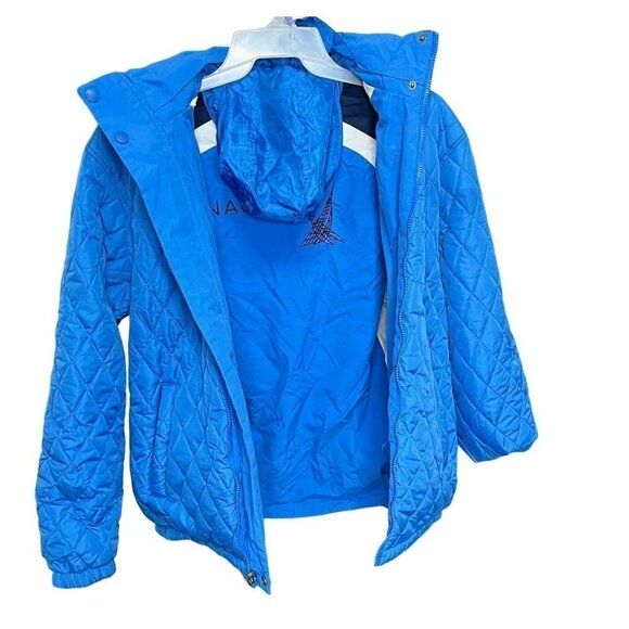 Nautica womens mens blue puffer jacket with hidden hoodie‎ - Picture 3 of 11